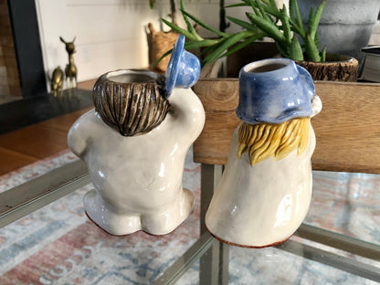 Ceramic Man & Woman Figural Head Vases, Pair — Blue Hats, Vintage Folk Art - Loom Vintage