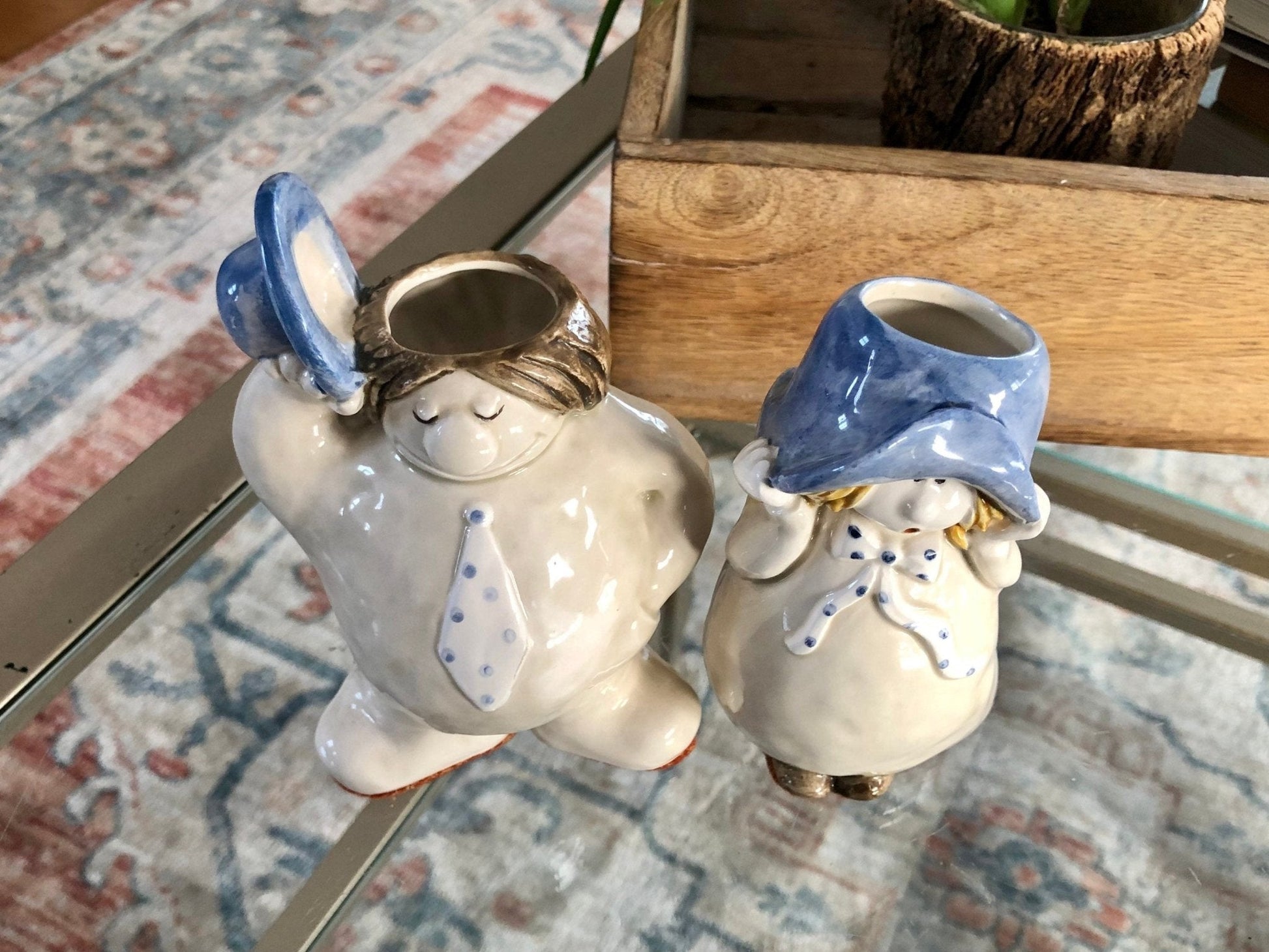 Ceramic Man & Woman Figural Head Vases, Pair — Blue Hats, Vintage Folk Art - Loom Vintage