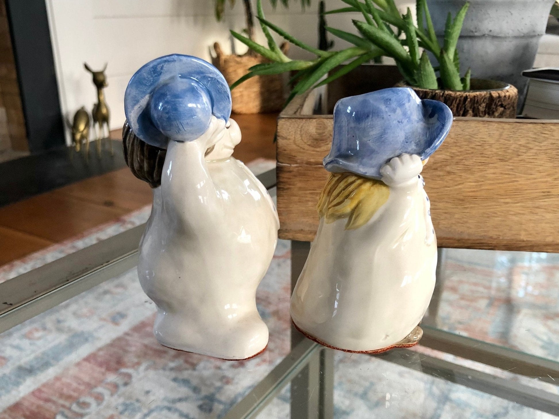 Ceramic Man & Woman Figural Head Vases, Pair — Blue Hats, Vintage Folk Art - Loom Vintage