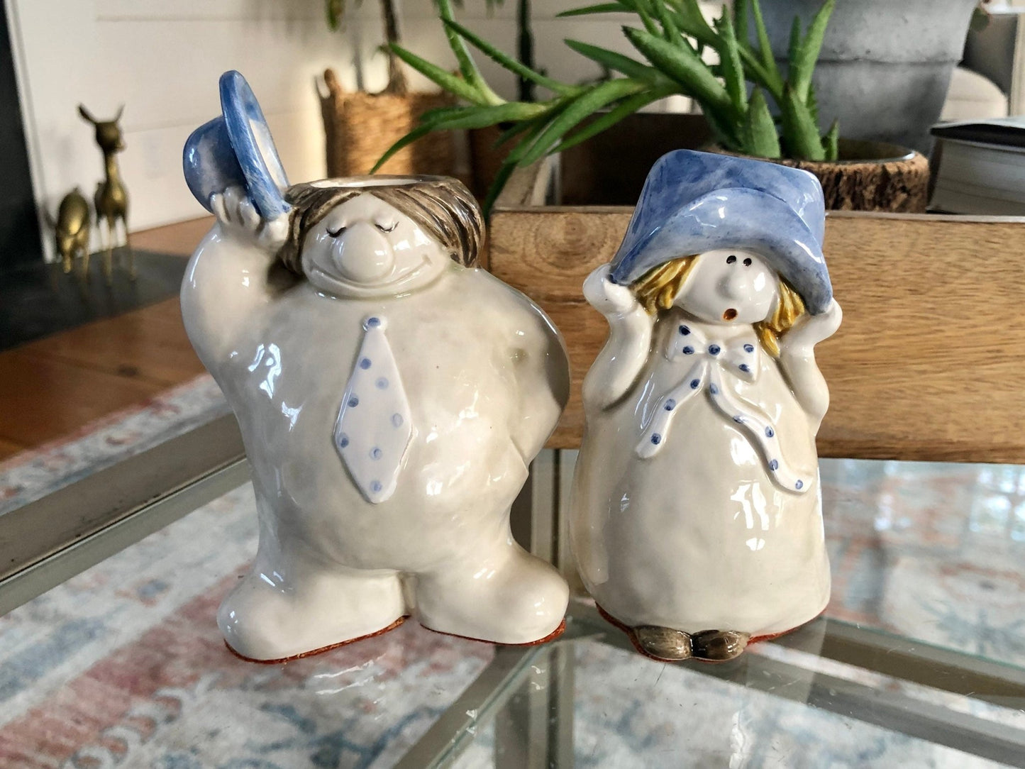 Ceramic Man & Woman Figural Head Vases, Pair — Blue Hats, Vintage Folk Art - Loom Vintage