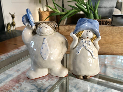 Ceramic Man & Woman Figural Head Vases, Pair — Blue Hats, Vintage Folk Art - Loom Vintage