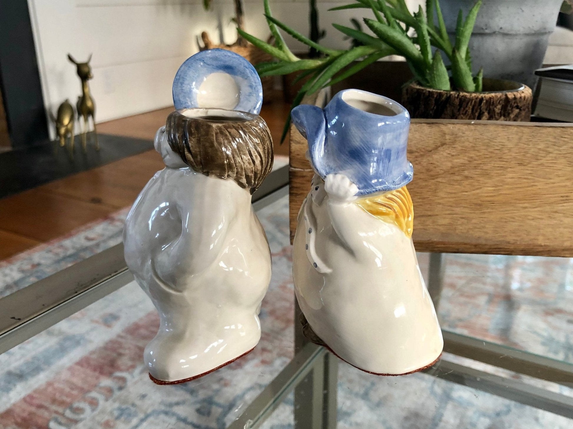 Ceramic Man & Woman Figural Head Vases, Pair — Blue Hats, Vintage Folk Art - Loom Vintage