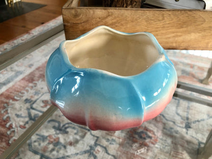 Ceramic Pansy Ring Vase — Pink & Blue, 6" diameter, 1970s, Woodstock CT Estate - Loom Vintage