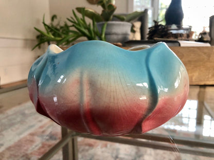 Ceramic Pansy Ring Vase — Pink & Blue, 6" diameter, 1970s, Woodstock CT Estate - Loom Vintage