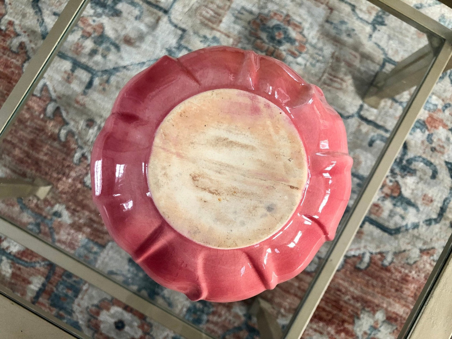 Ceramic Pansy Ring Vase — Pink & Blue, 6" diameter, 1970s, Woodstock CT Estate - Loom Vintage