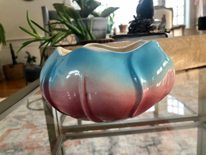 Ceramic Pansy Ring Vase — Pink & Blue, 6" diameter, 1970s, Woodstock CT Estate - Loom Vintage