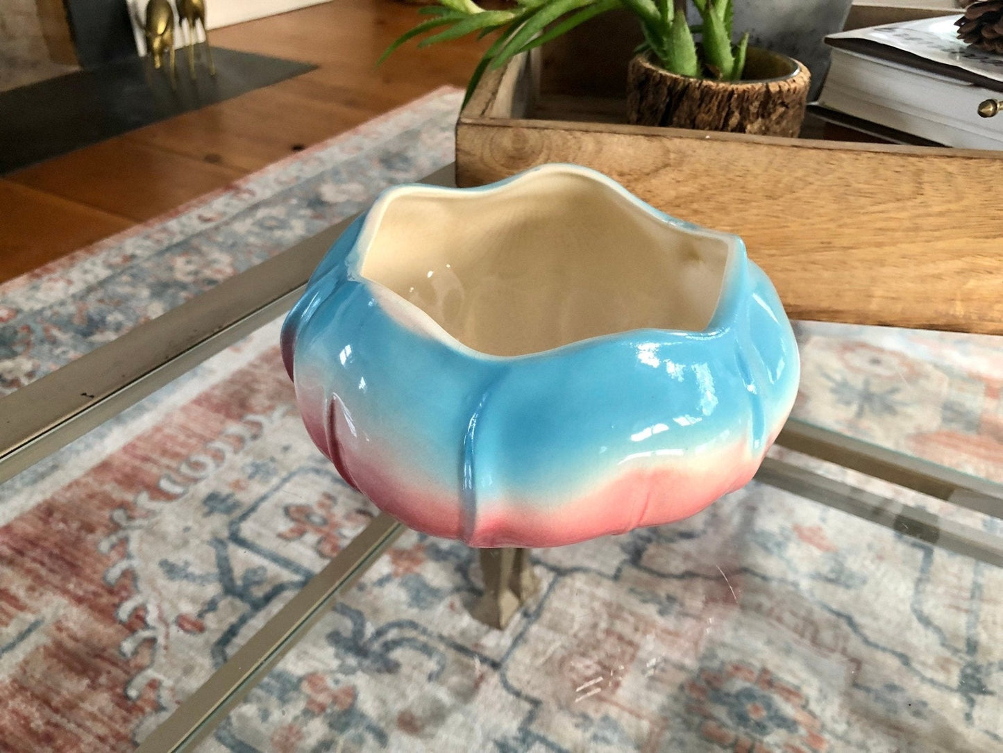 Ceramic Pansy Ring Vase — Pink & Blue, 6" diameter, 1970s, Woodstock CT Estate - Loom Vintage