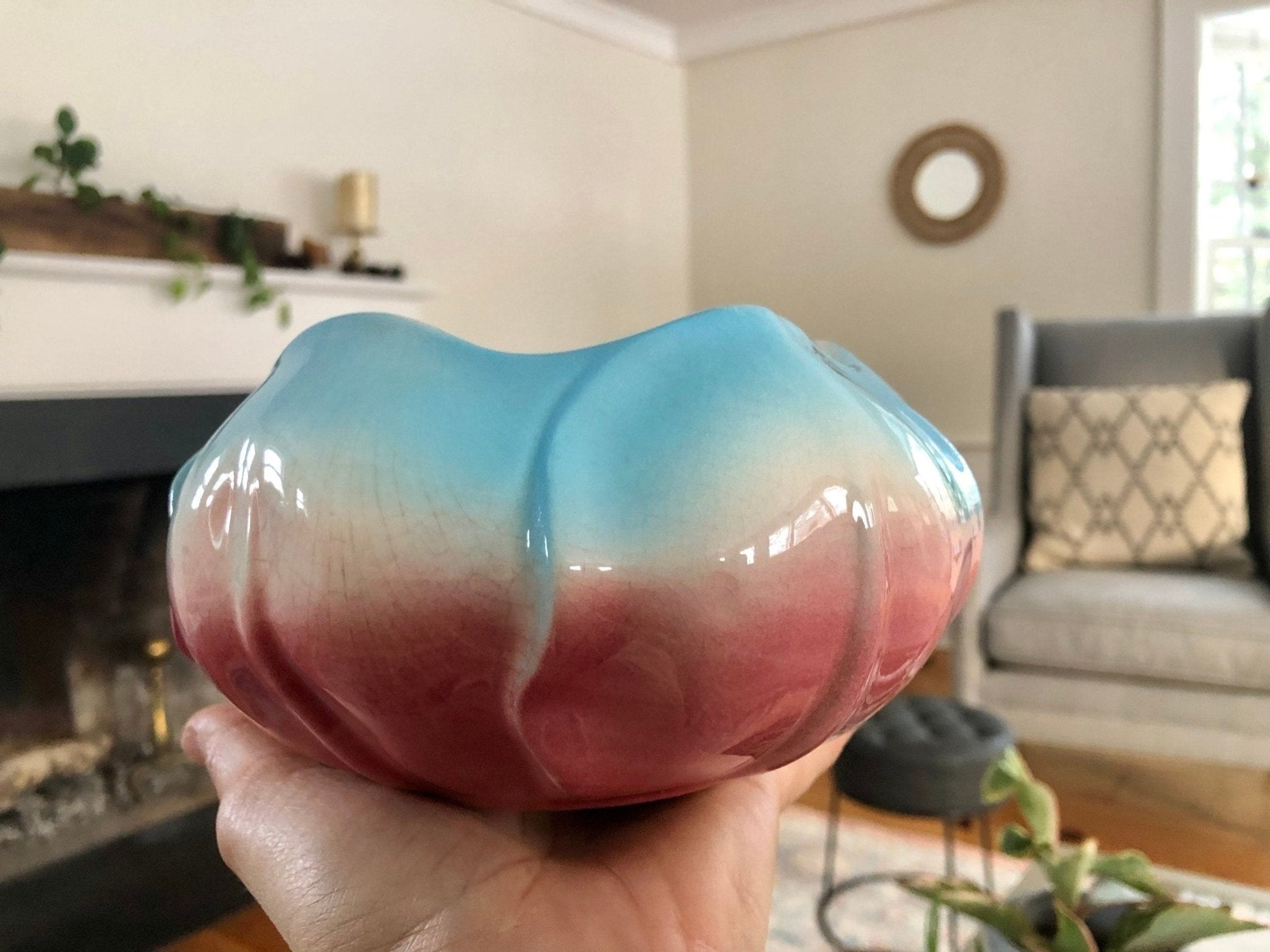Ceramic Pansy Ring Vase — Pink & Blue, 6" diameter, 1970s, Woodstock CT Estate - Loom Vintage