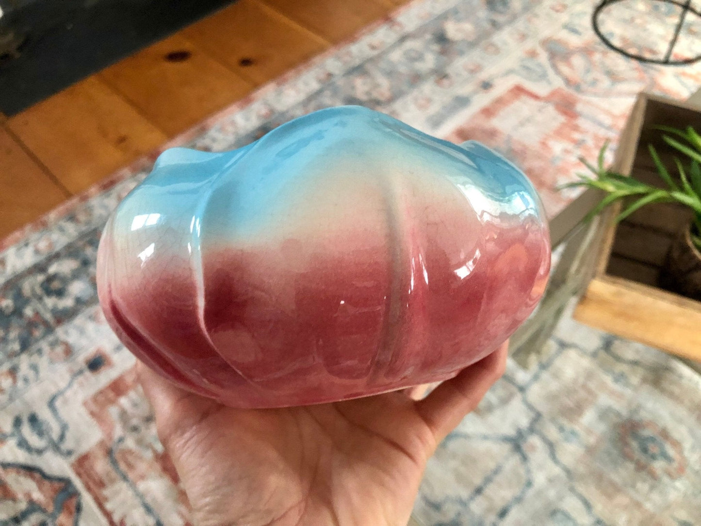 Ceramic Pansy Ring Vase — Pink & Blue, 6" diameter, 1970s, Woodstock CT Estate - Loom Vintage