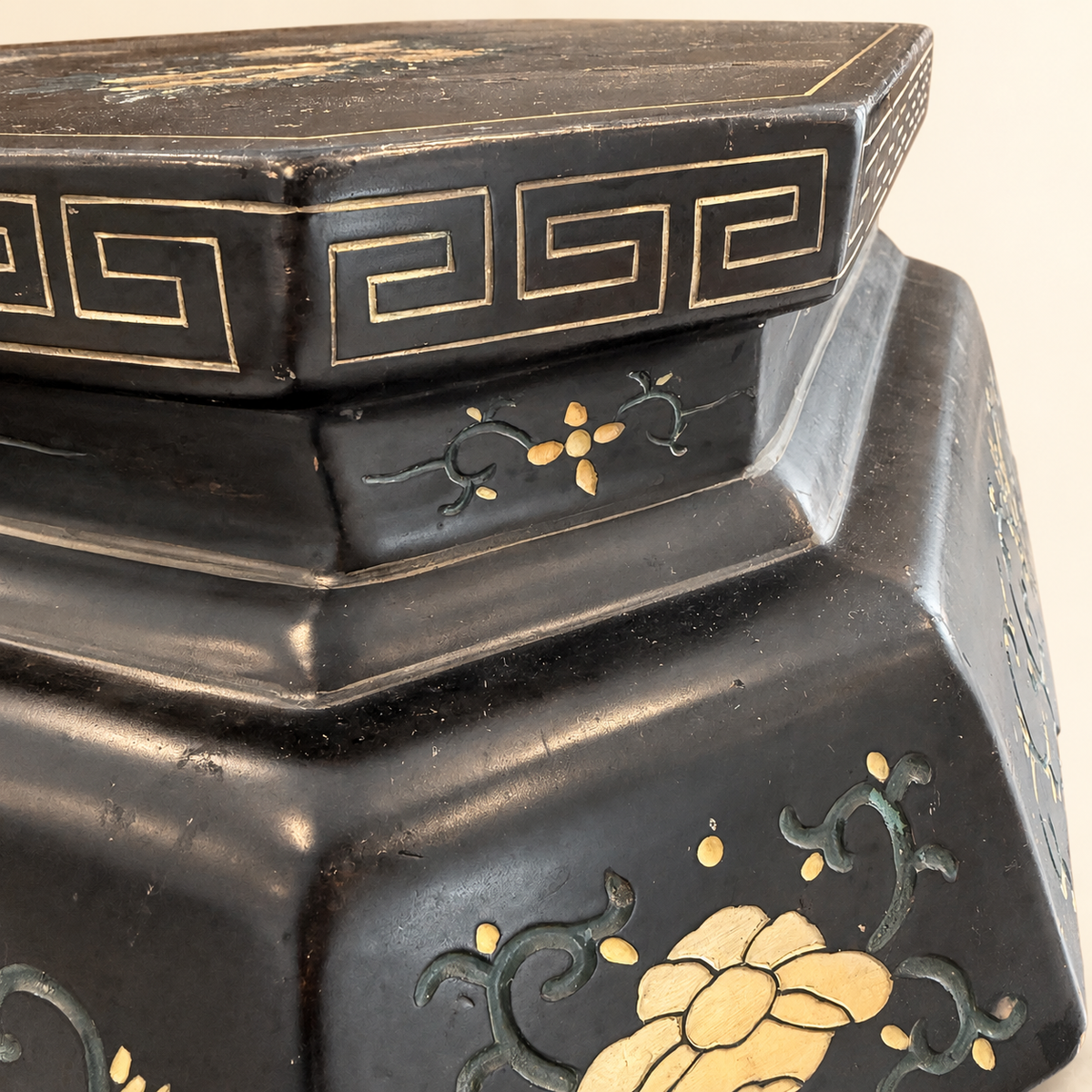 Vintage Chinese black lacquered hexagonal stool