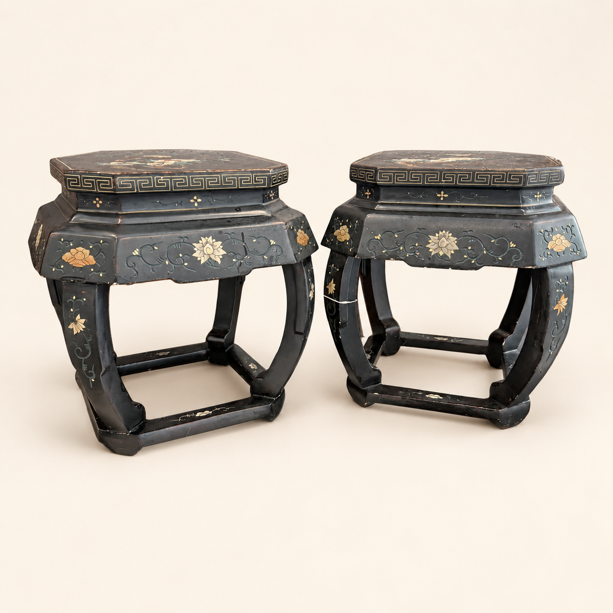Chinese black lacquer hexagonal stool with gold floral painting