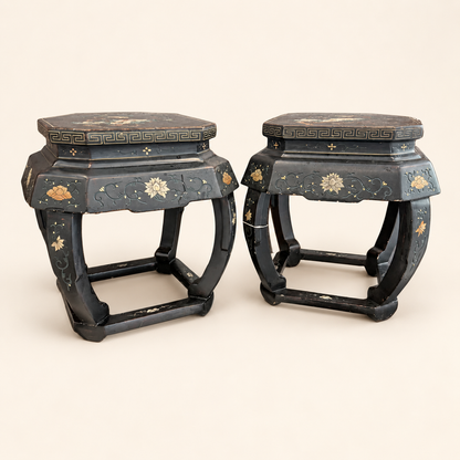 Chinese black lacquer hexagonal stool with gold floral painting