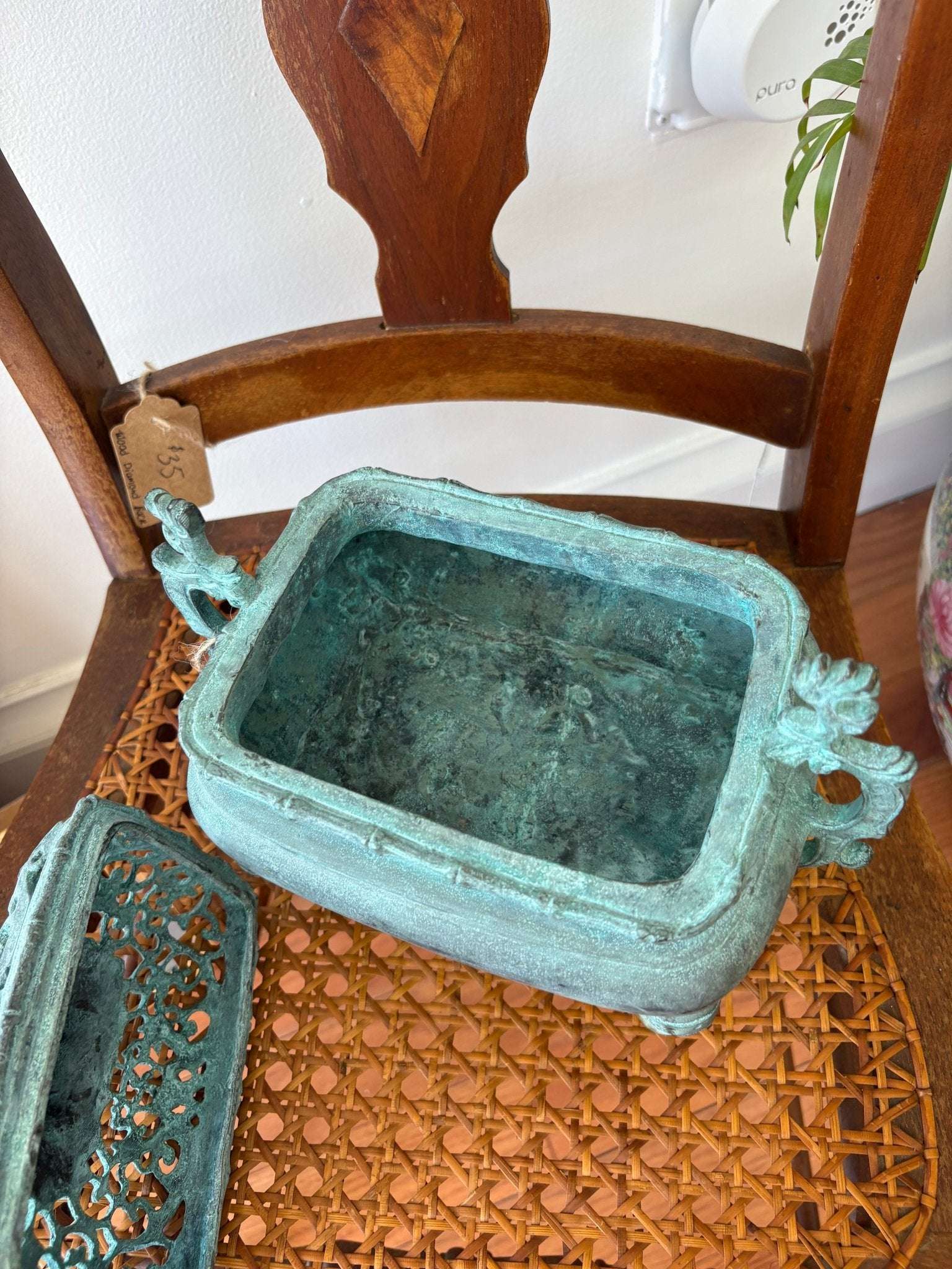 Chinese Bronze Incense Burner — Foo Dog Lid, Dragon Handles, Verdigris Patina, c. Mid-20th Century - Loom Vintage