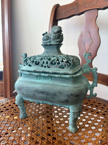 Chinese Bronze Incense Burner — Foo Dog Lid, Dragon Handles, Verdigris Patina, c. Mid-20th Century - Loom Vintage
