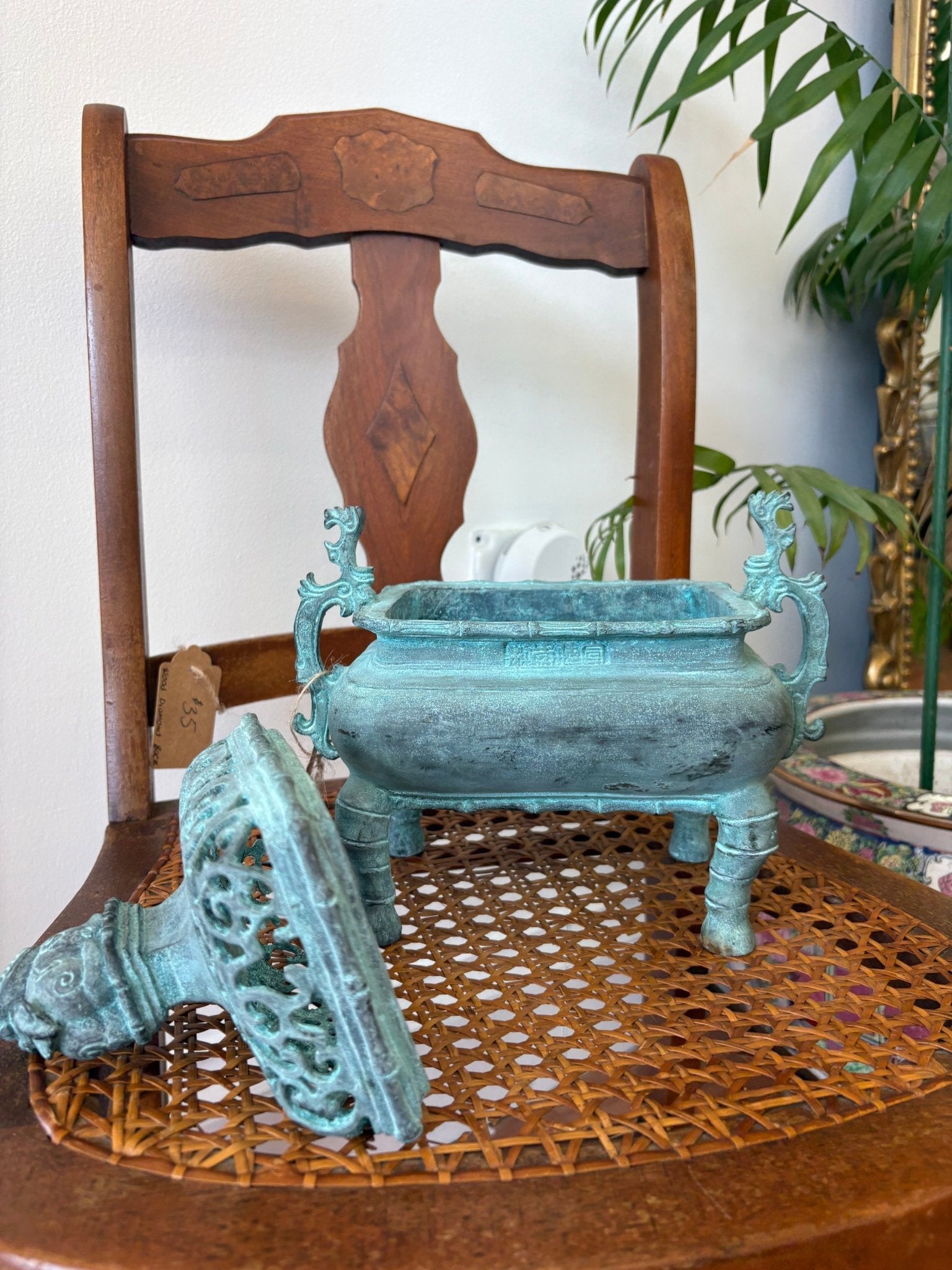 Chinese Bronze Incense Burner — Foo Dog Lid, Dragon Handles, Verdigris Patina, c. Mid-20th Century - Loom Vintage