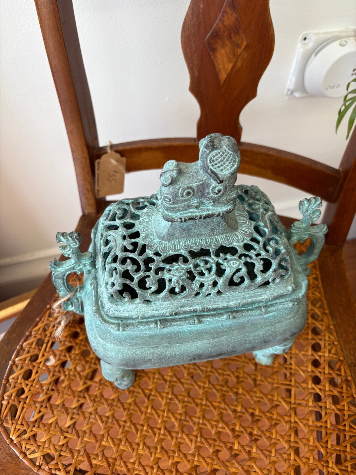 Chinese Bronze Incense Burner — Foo Dog Lid, Dragon Handles, Verdigris Patina, c. Mid-20th Century - Loom Vintage
