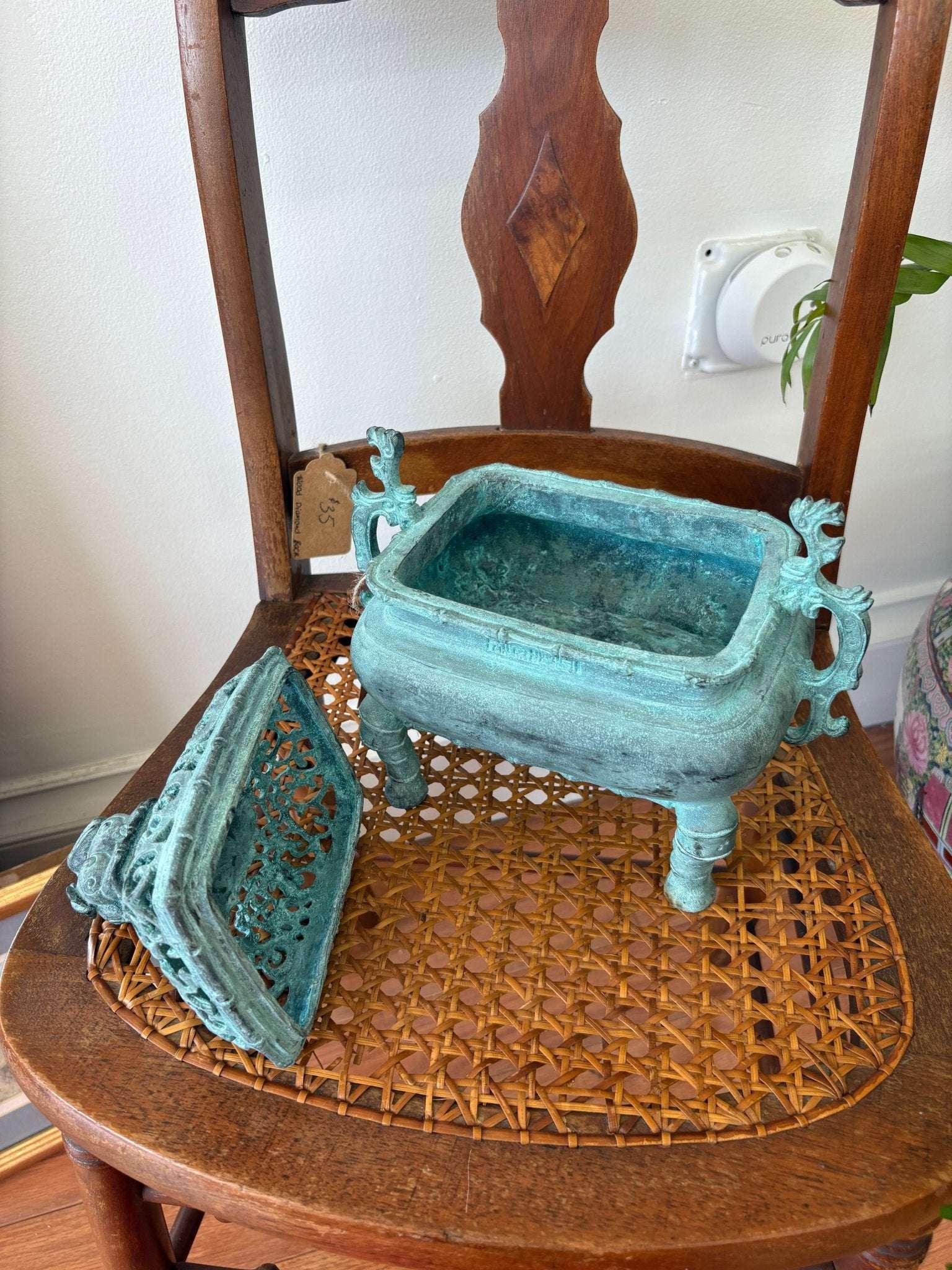 Chinese Bronze Incense Burner — Foo Dog Lid, Dragon Handles, Verdigris Patina, c. Mid-20th Century - Loom Vintage