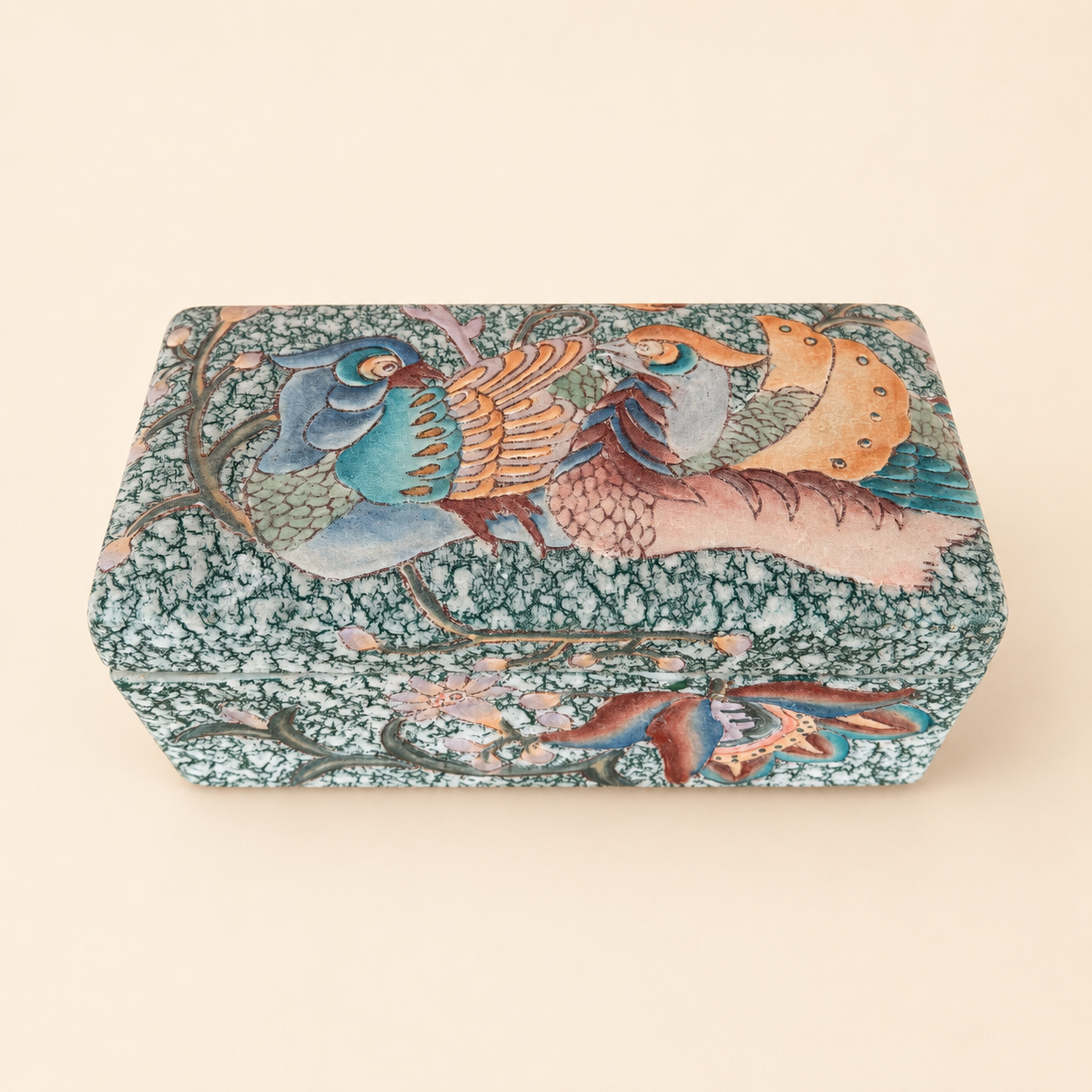 Chinese porcelain box lid with enameled birds among flowers