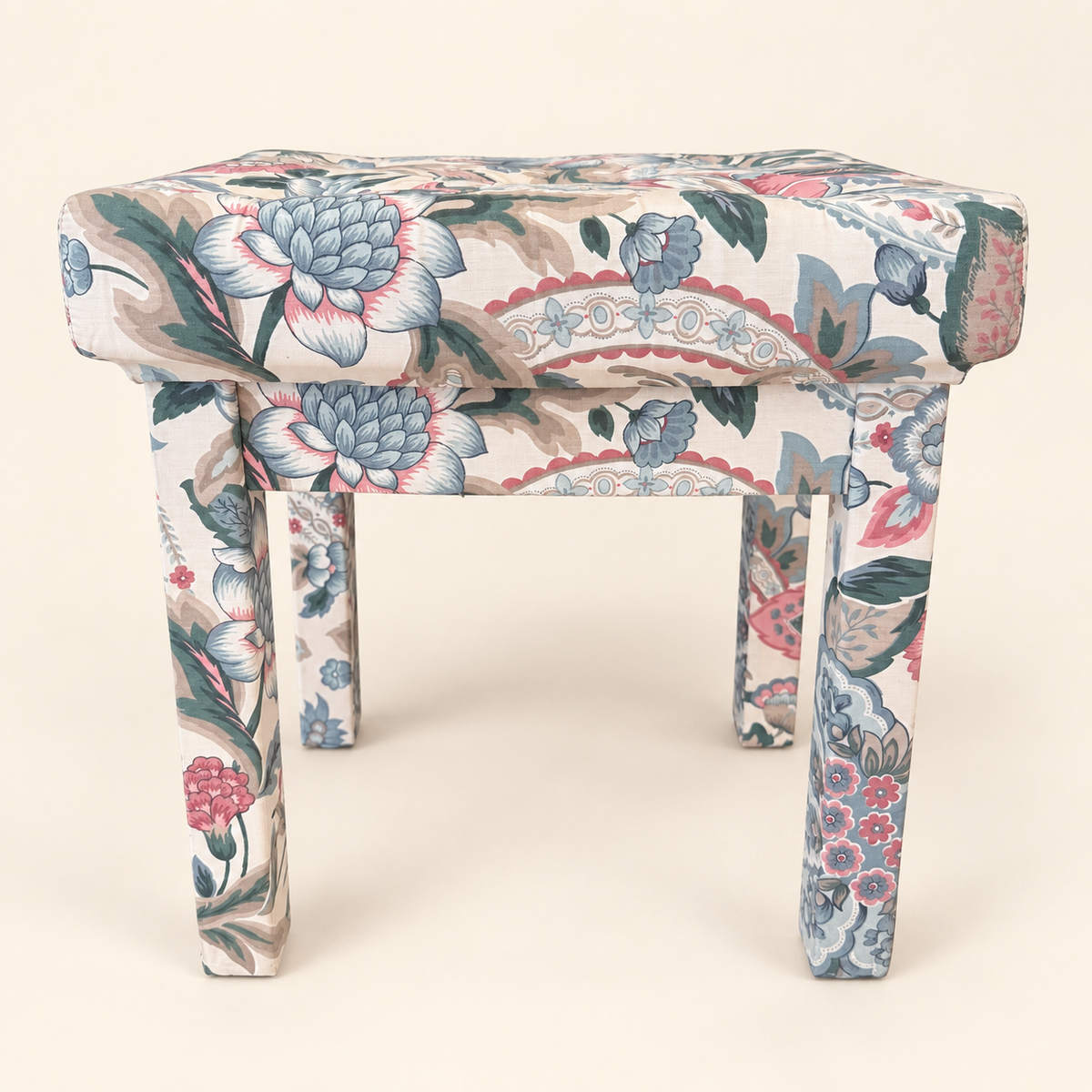 1980s chintz floral Parsons stool with tufted top, front view