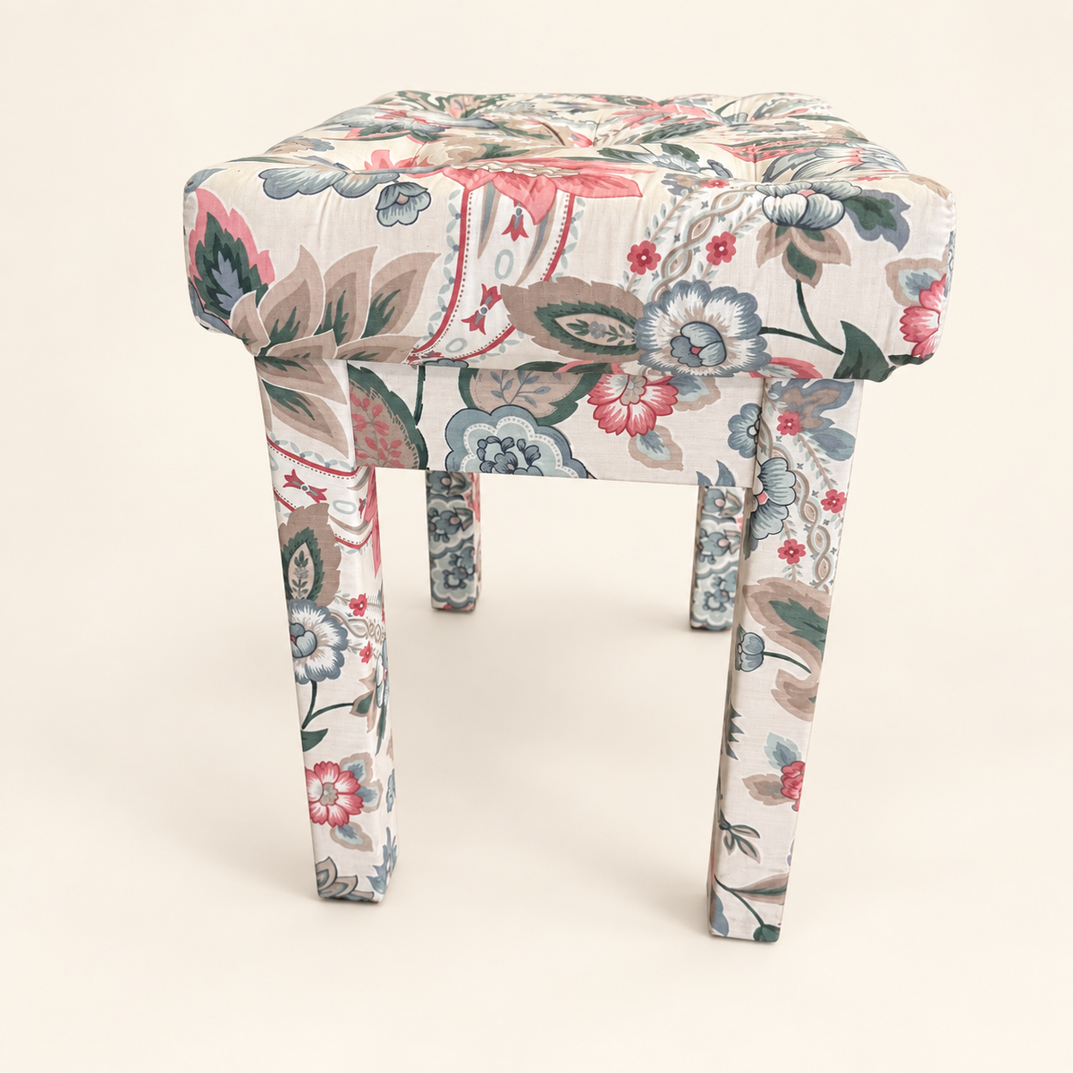Square-leg upholstered chintz floral stool