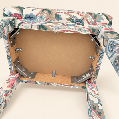 1980s floral upholstered Parsons stool styled in a room