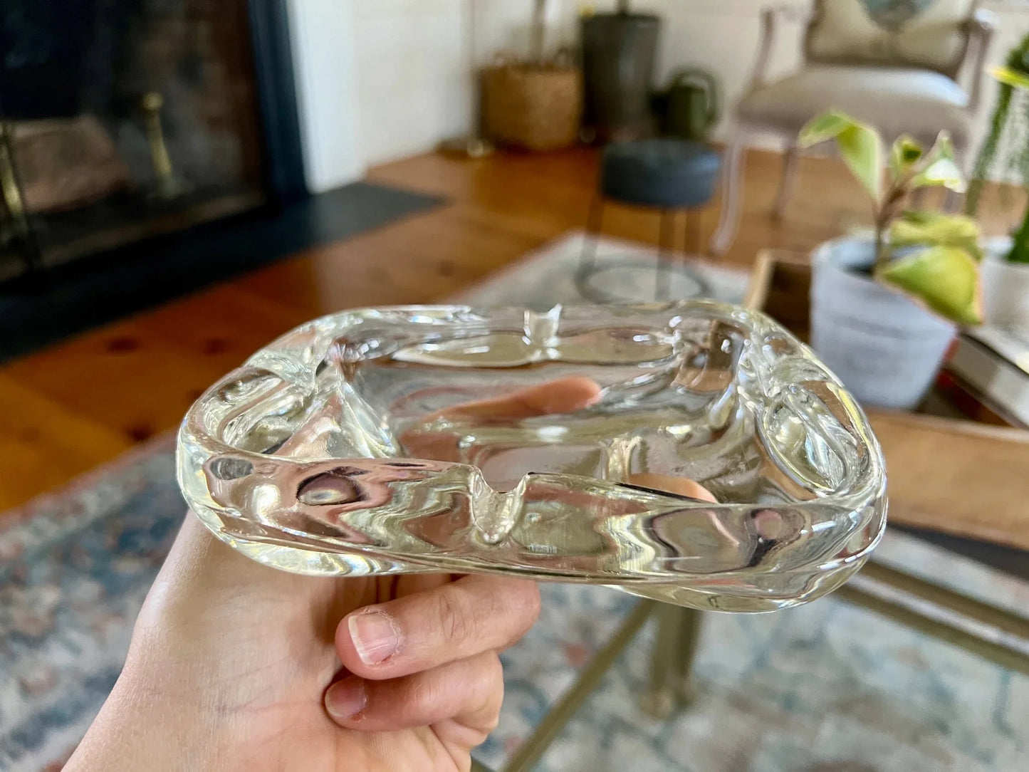 Clear Glass Oblong Ashtray — Organic Abstract Form, Mid-Century - Loom Vintage