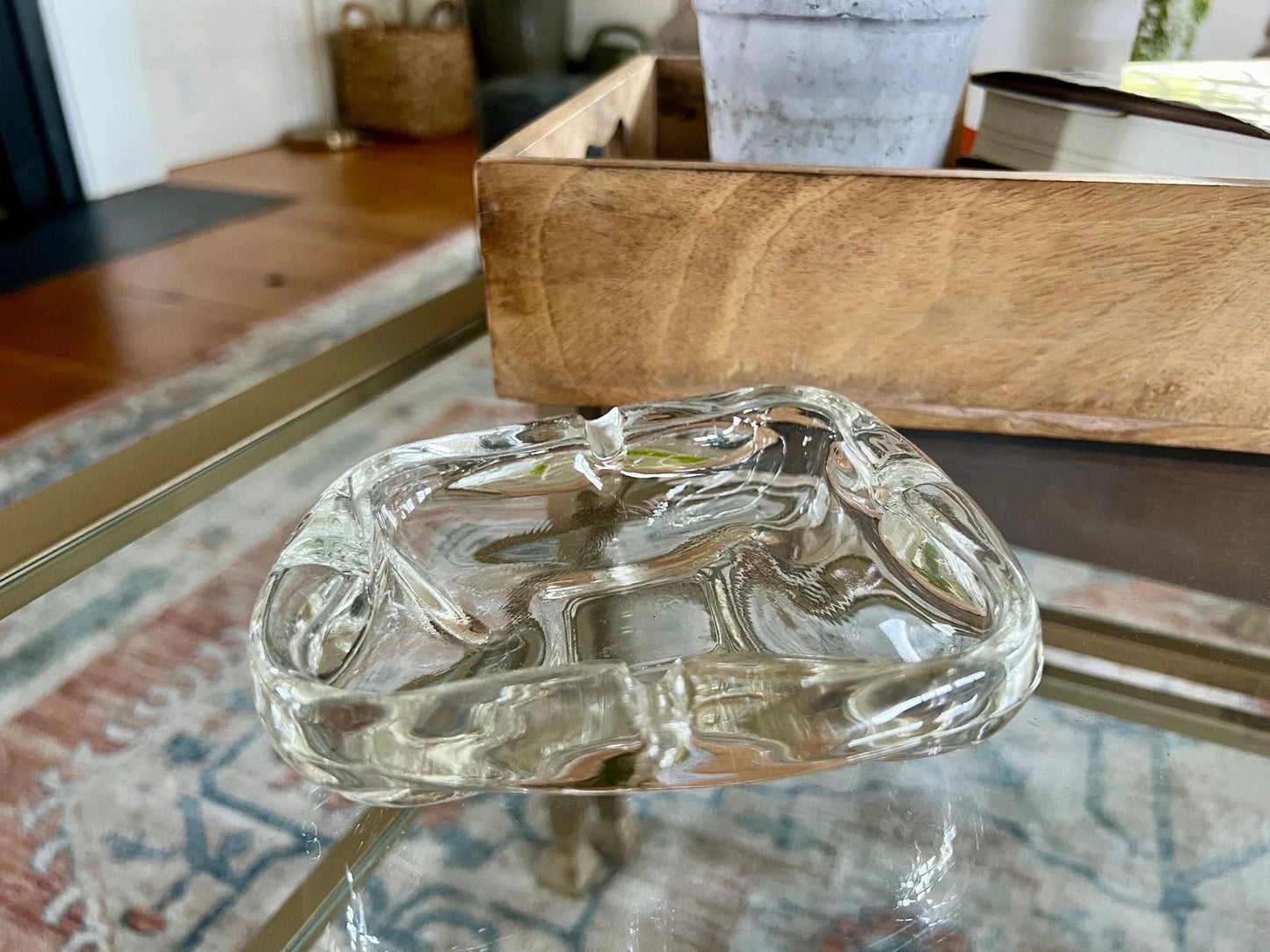 Clear Glass Oblong Ashtray — Organic Abstract Form, Mid-Century - Loom Vintage
