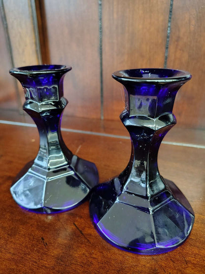 Cobalt Blue Faceted Glass Candlestick Holders, Set of 2 - Loom Vintage