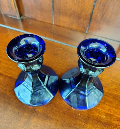 Cobalt Blue Faceted Glass Candlestick Holders, Set of 2 - Loom Vintage
