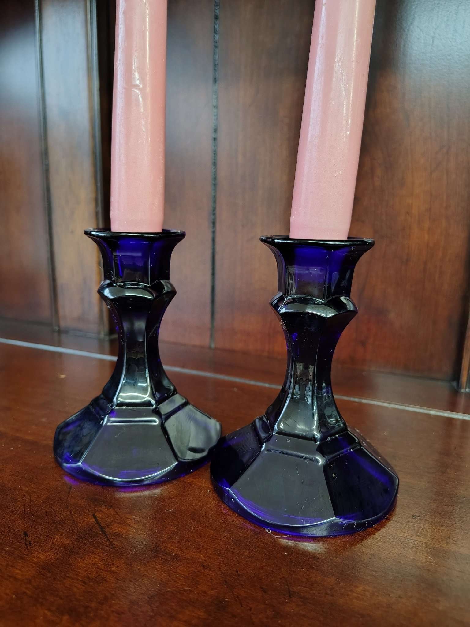 Cobalt blue faceted glass candlestick holders, set of two
