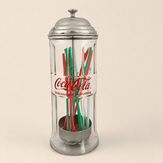 Coca-Cola straw dispenser filled with colorful straws, front view
