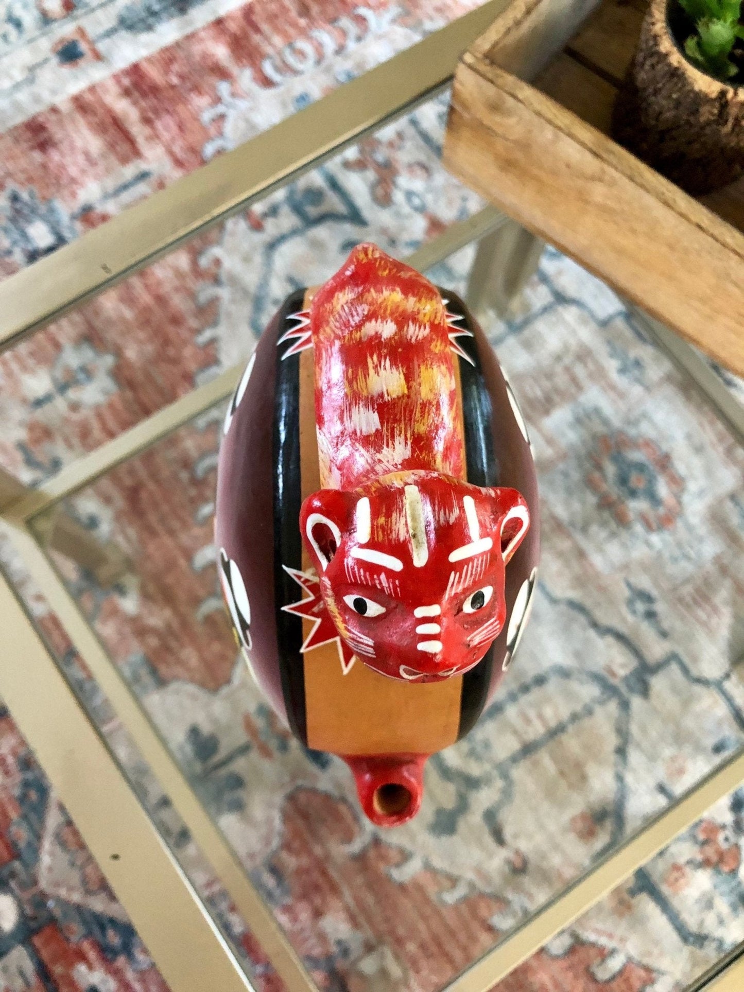 Colorful Peruvian Pueblo Painted Terra Cotta Water Jug, Spirit Animal, Native Art, Peru Clay Pottery - Loom Vintage