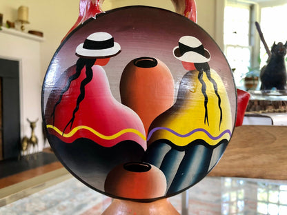 Colorful Peruvian Pueblo Painted Terra Cotta Water Jug, Spirit Animal, Native Art, Peru Clay Pottery - Loom Vintage