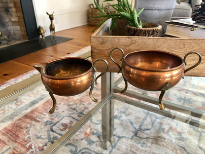 Copper and Brass Cream & Sugar Set with Tripod Legs — Warm Patina, Vintage Tableware - Loom Vintage