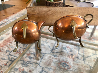 Copper and Brass Cream & Sugar Set with Tripod Legs — Warm Patina, Vintage Tableware - Loom Vintage