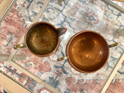 Copper and Brass Cream & Sugar Set with Tripod Legs — Warm Patina, Vintage Tableware - Loom Vintage