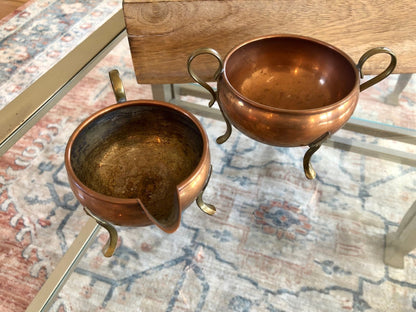 Copper and Brass Cream & Sugar Set with Tripod Legs — Warm Patina, Vintage Tableware - Loom Vintage