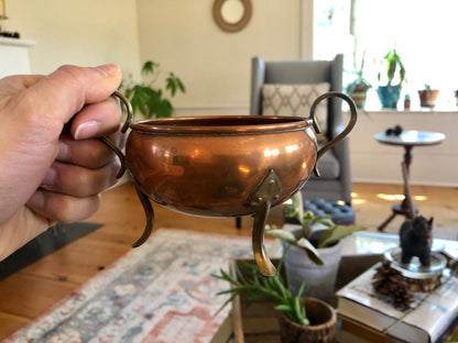 Copper and Brass Cream & Sugar Set with Tripod Legs — Warm Patina, Vintage Tableware - Loom Vintage