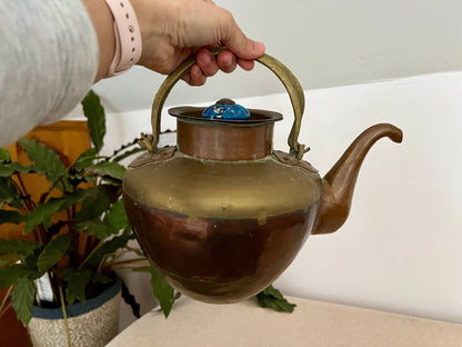 Copper and Brass Tea Kettle with Blue Ceramic Knob — Double Handle, India, 8" x 10.75" - Loom Vintage