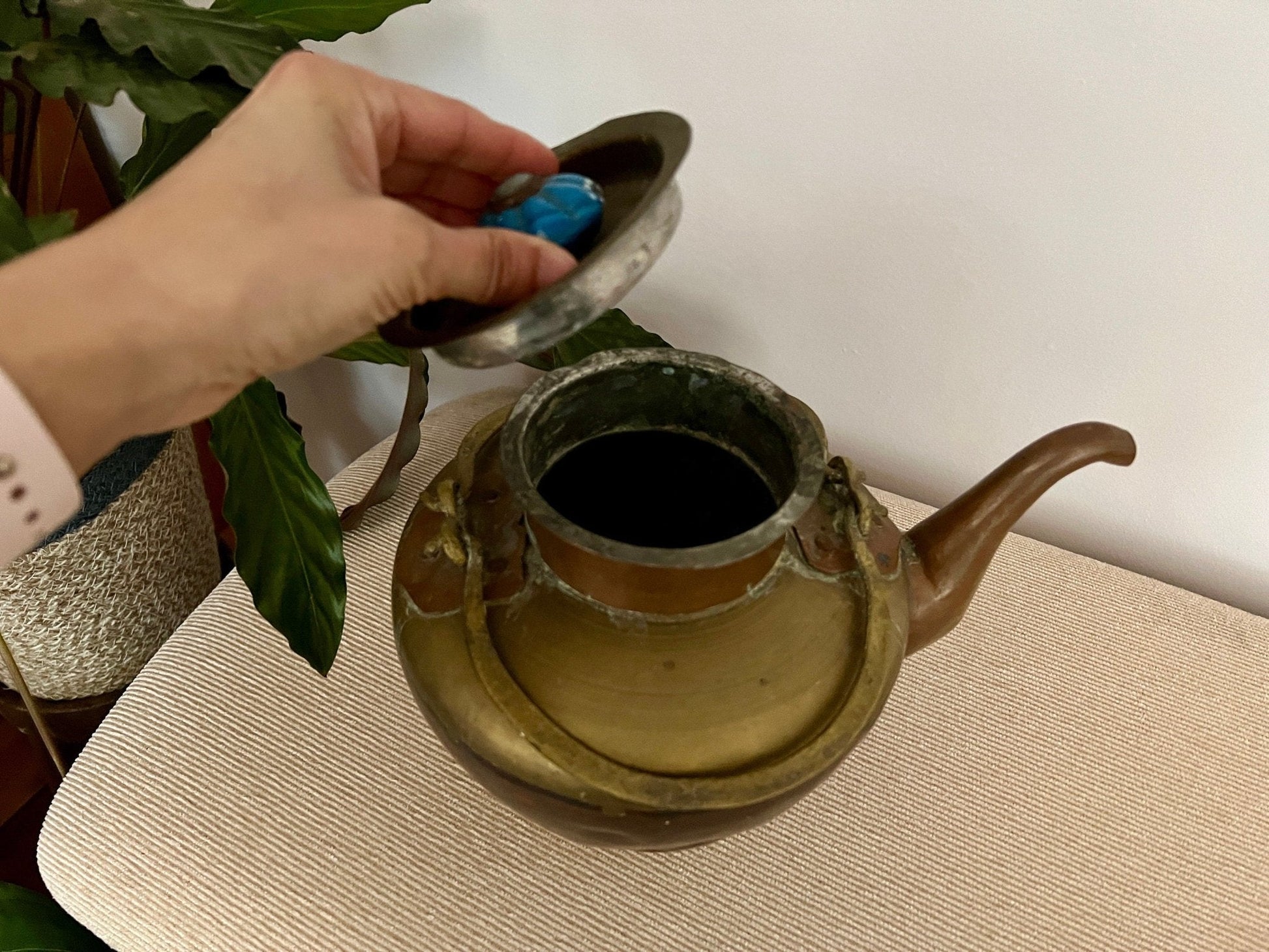 Copper and Brass Tea Kettle with Blue Ceramic Knob — Double Handle, India, 8" x 10.75" - Loom Vintage