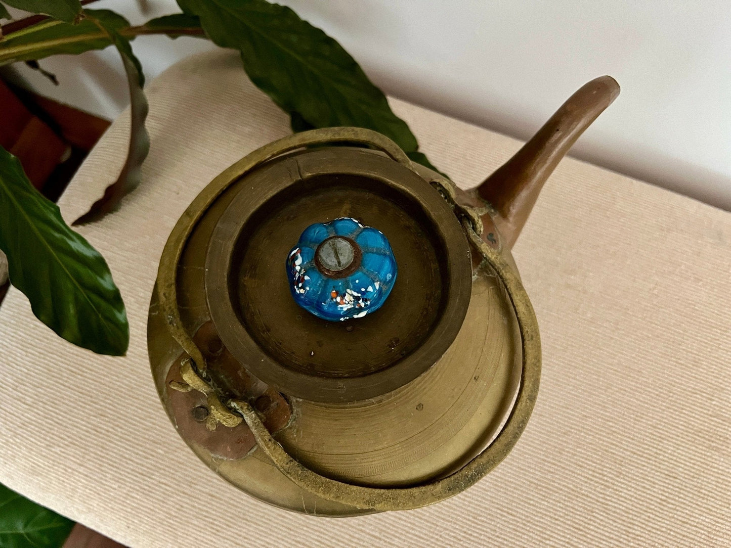Copper and Brass Tea Kettle with Blue Ceramic Knob — Double Handle, India, 8" x 10.75" - Loom Vintage