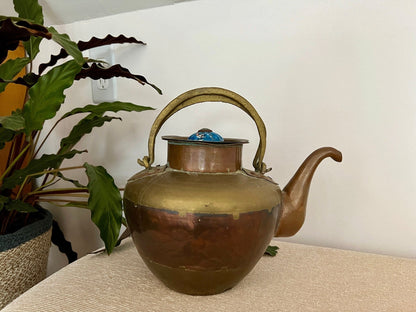 Copper and Brass Tea Kettle with Blue Ceramic Knob — Double Handle, India, 8" x 10.75" - Loom Vintage