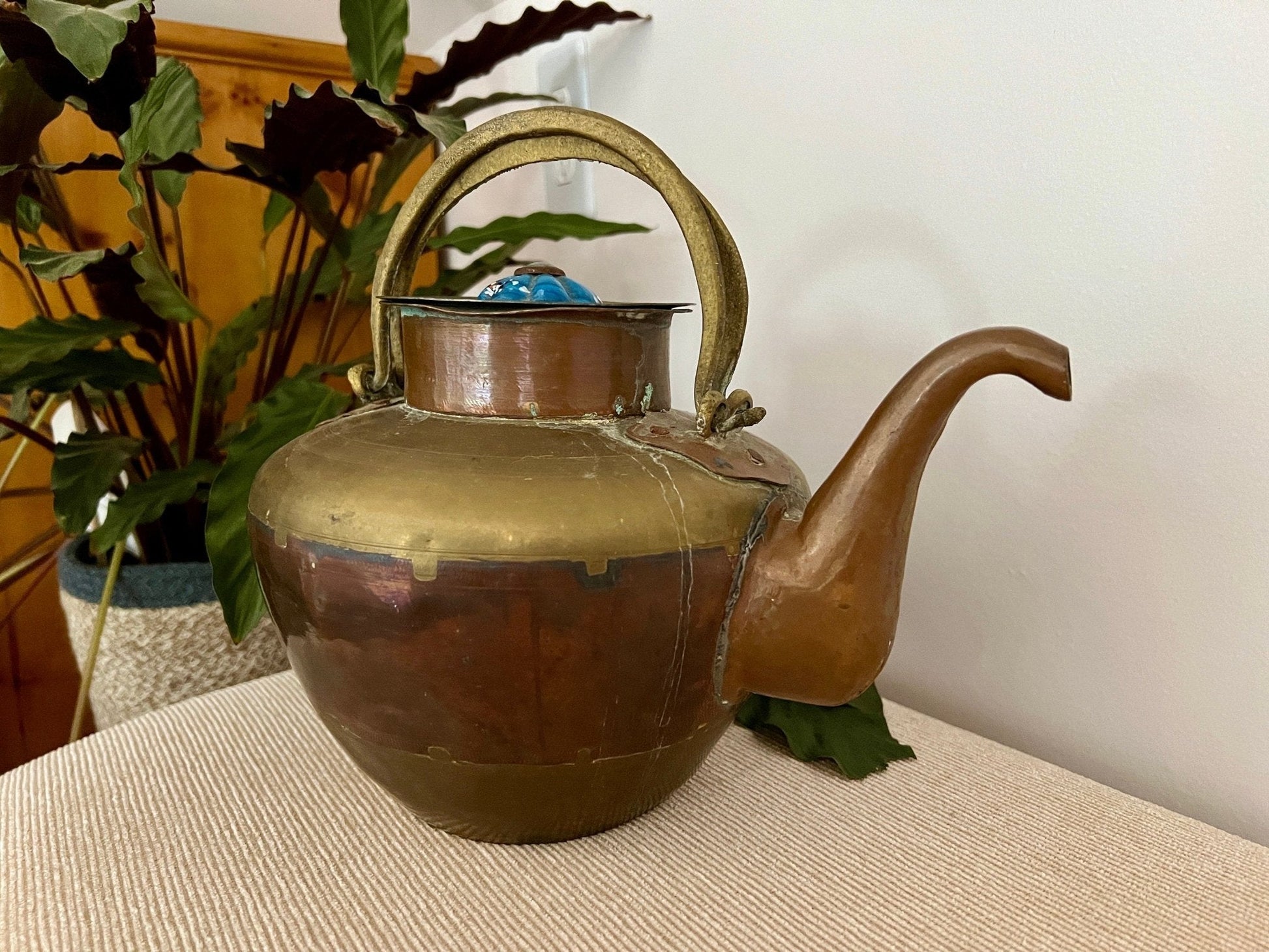 Copper and Brass Tea Kettle with Blue Ceramic Knob — Double Handle, India, 8" x 10.75" - Loom Vintage