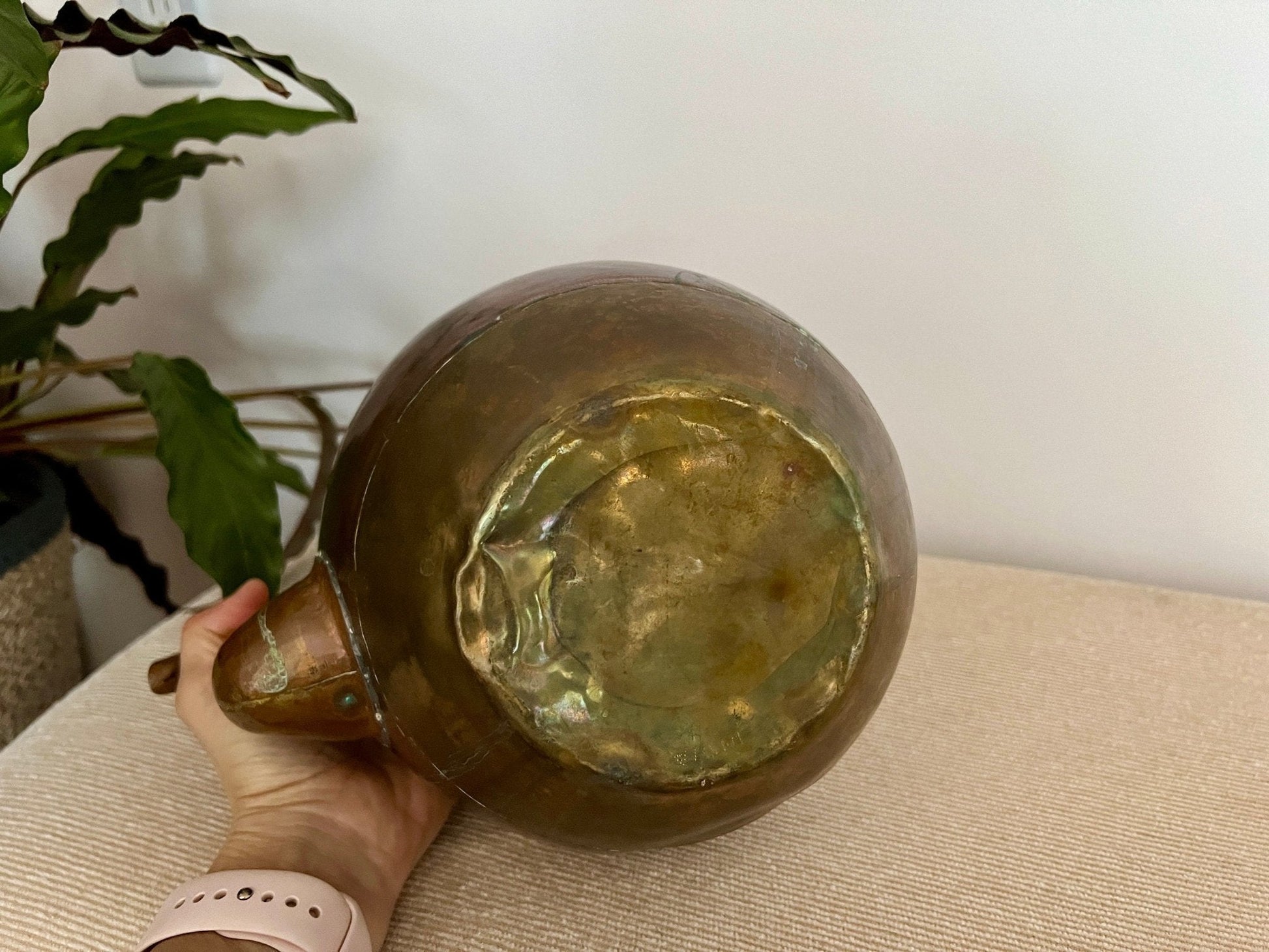Copper and Brass Tea Kettle with Blue Ceramic Knob — Double Handle, India, 8" x 10.75" - Loom Vintage