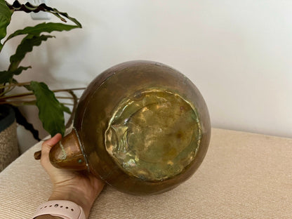 Copper and Brass Tea Kettle with Blue Ceramic Knob — Double Handle, India, 8" x 10.75" - Loom Vintage
