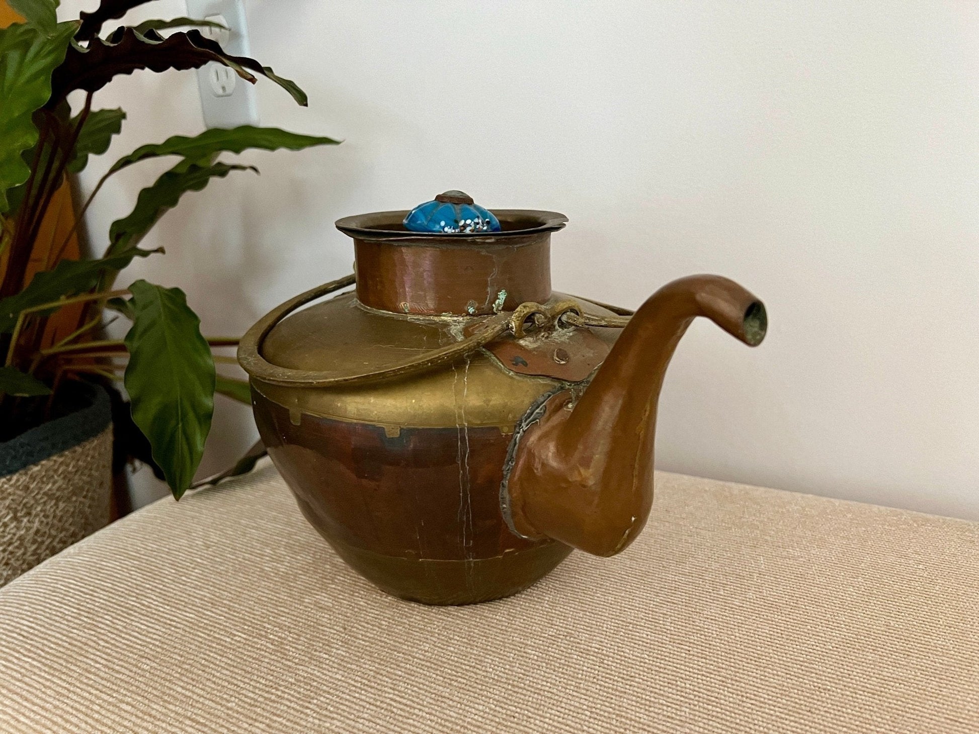 Copper and Brass Tea Kettle with Blue Ceramic Knob — Double Handle, India, 8" x 10.75" - Loom Vintage