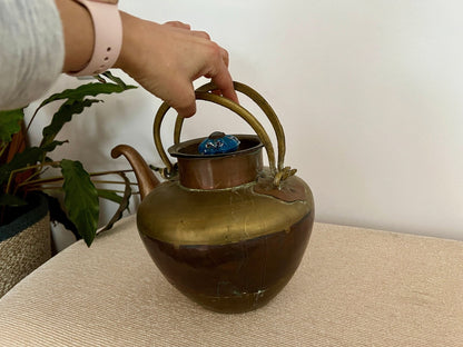 Copper and Brass Tea Kettle with Blue Ceramic Knob — Double Handle, India, 8" x 10.75" - Loom Vintage