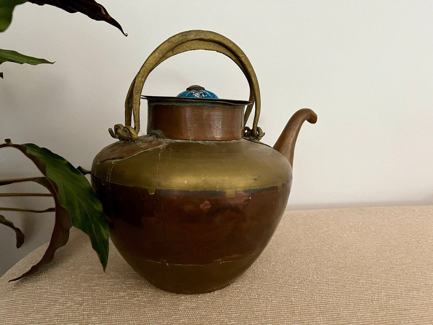 Copper and Brass Tea Kettle with Blue Ceramic Knob — Double Handle, India, 8" x 10.75" - Loom Vintage