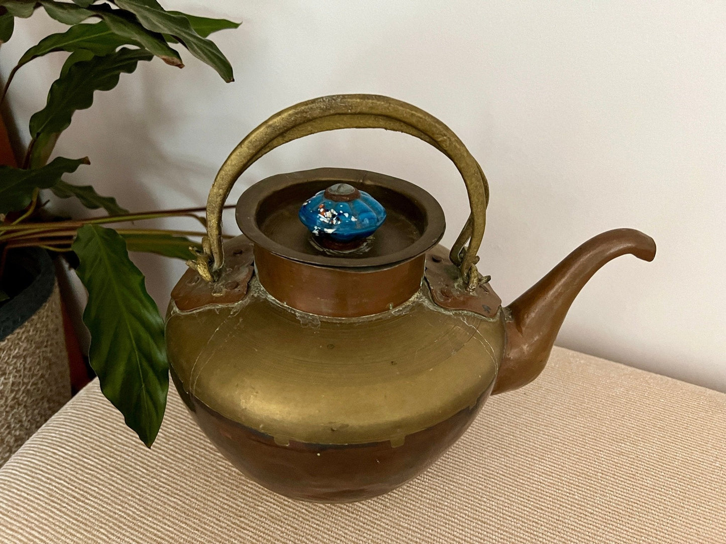 Copper and Brass Tea Kettle with Blue Ceramic Knob — Double Handle, India, 8" x 10.75" - Loom Vintage
