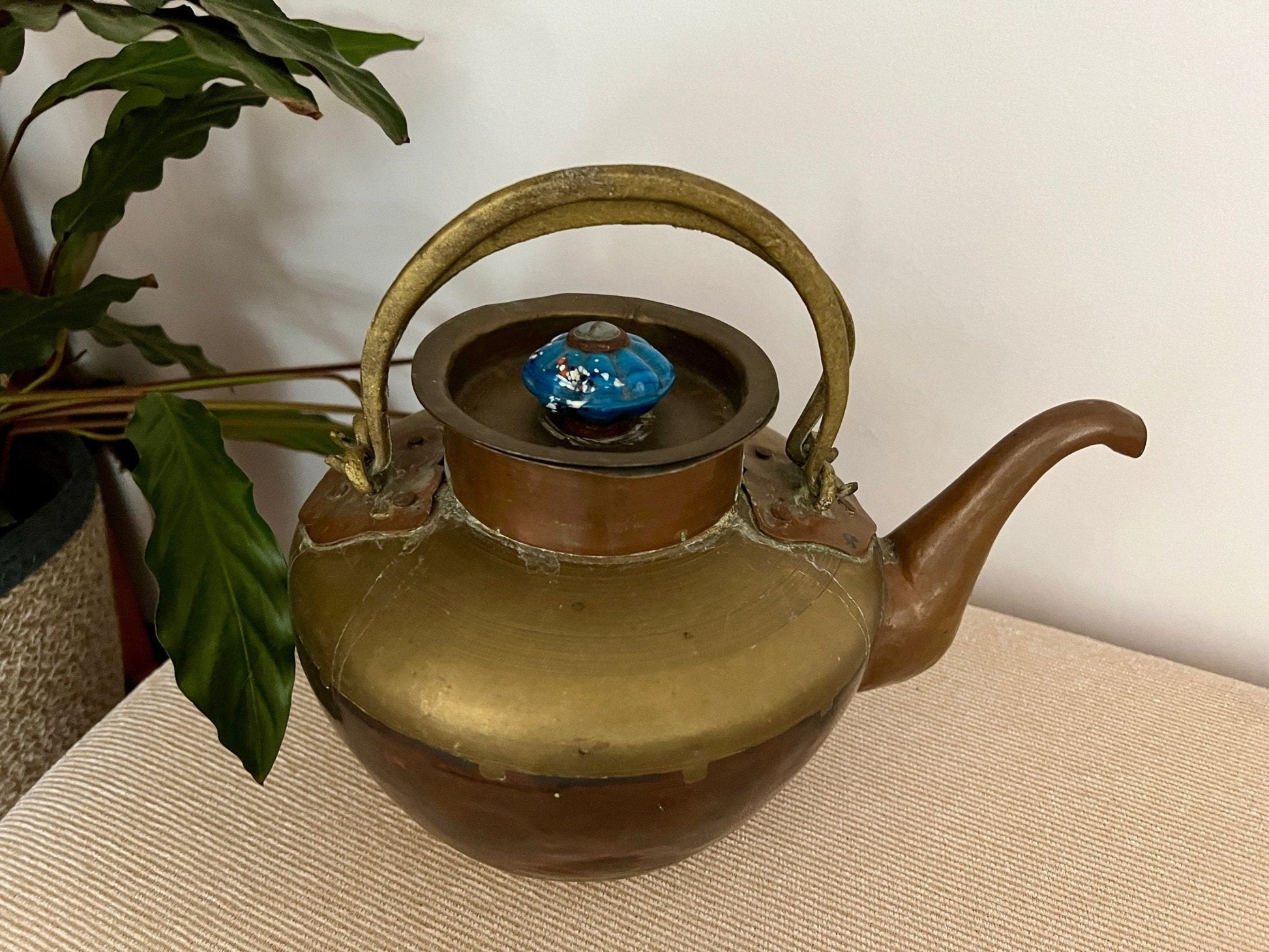 Copper and Brass Tea Kettle with Blue Ceramic Knob — Double Handle, India, 8" x 10.75" - Loom Vintage